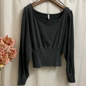 FP Off The Shoulder Cropped Gray Batwing Sweatshirt